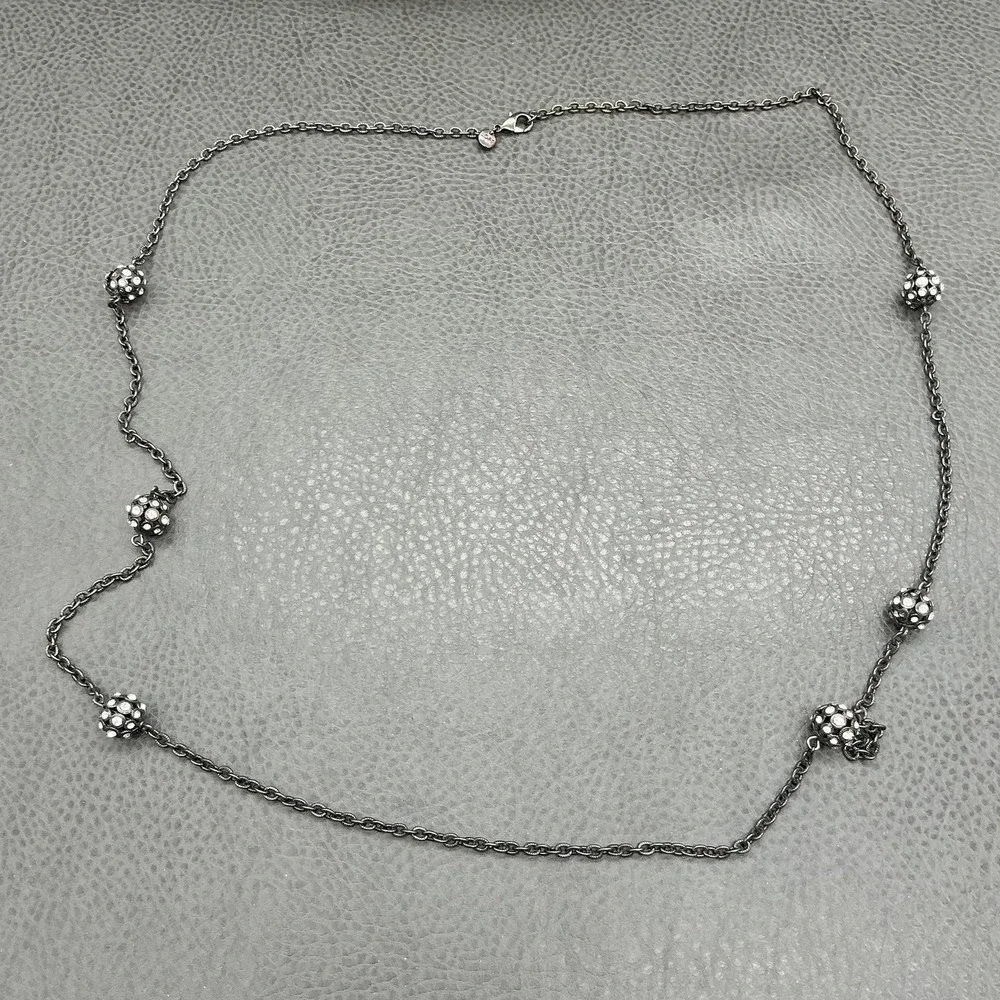 LOFT Necklace Gunmetal Tone Long‎ Chain Pave Crystal Ball Station Womens Jewelry